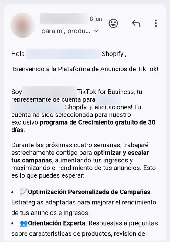 Correo de bienvenida de TikTok for Business: la cuenta fue seleccionada para su programa de crecimiento de 30 días.