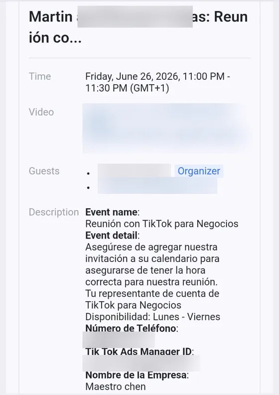 La invitación a la reunión con el representante de cuenta de TikTok.