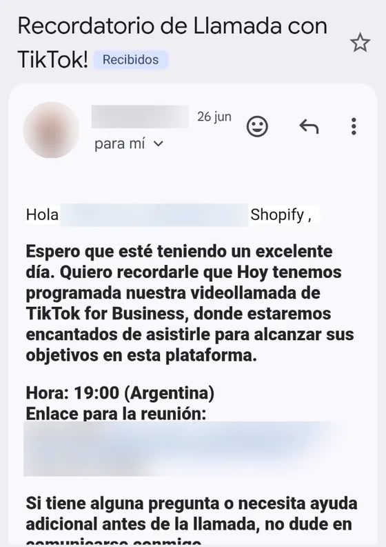 El recordatorio de la videollamada con TikTok for Business.