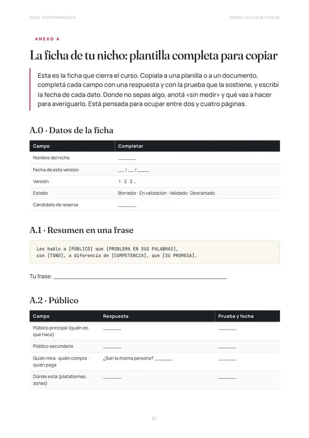 Página del material: Curso 1 · Nicho: la ficha de tu nicho, lista para copiar.