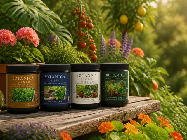La línea de cuatro productos de Botánica en una huerta