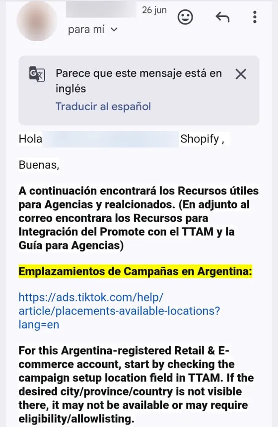 El correo con los recursos para agencias y la guía adjunta.