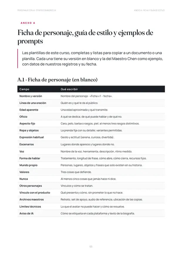Página del material: Curso 3 · Personaje con IA: la ficha de personaje y la guía de estilo, para completar.