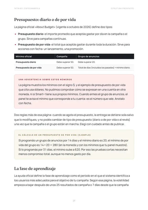 Página del material: Curso 9 · TikTok Ads: presupuesto diario o de por vida y fase de aprendizaje.